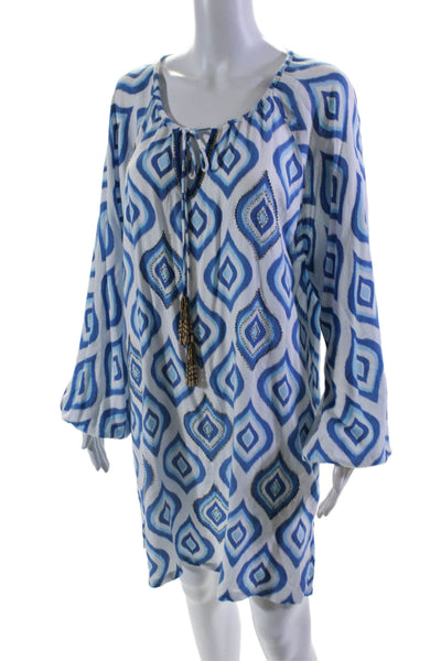 Skemo Womens Long Sleeve Keyhole Abstract Beaded Dress White Blue Size Large