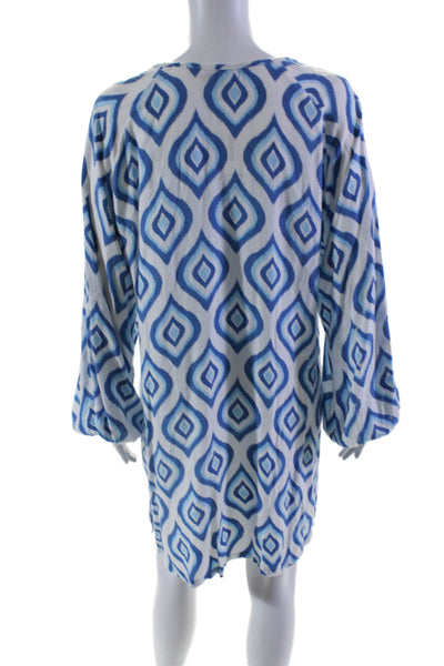 Skemo Womens Long Sleeve Keyhole Abstract Beaded Dress White Blue Size Large