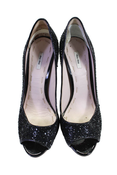 Miu Miu Womens Stiletto Glitter Peep Toe Pumps Black Leather Size 36.5