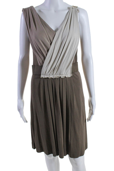 Escada Womens V Neck Sleeveless A Line Dress Brown Ivory Size EUR 40