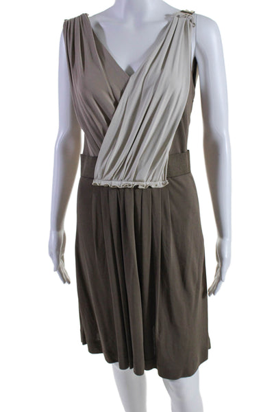 Escada Womens V Neck Sleeveless A Line Dress Brown Ivory Size EUR 40