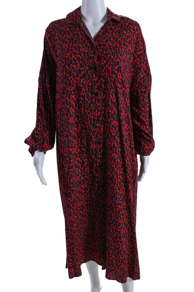 IRO Womens Animal Print Long Sleeves Button Down Shirt Dress Red Black Size Medi