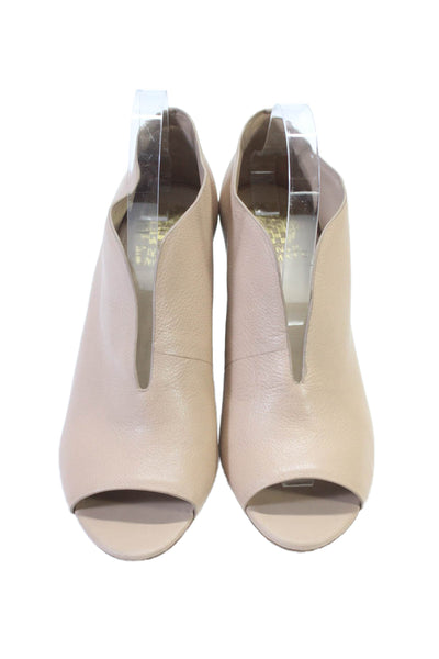 Vince Camuto Womens V Cut Leather Peep Toe Block Heel Booties Beige Size 10