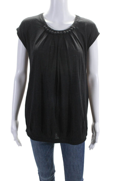 Theory Womens Wool Round Neck Short Sleeve Pullover Blouse Top Black Size P