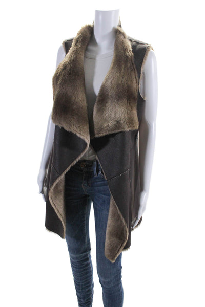 Hawke & Co Womens Vegan Leather Draped Collar Mid-Length Vest Brown Size S