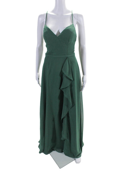 Azazie Womens Darted Zipped Ruffled Side Slit Sleeveless Maxi Gown Green Size 4