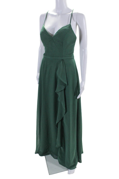 Azazie Womens Darted Zipped Ruffled Side Slit Sleeveless Maxi Gown Green Size 4