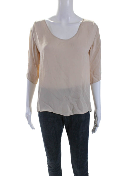 Jenni Kayne Womens Short Sleeve Scoop Neck Silk Blouse Top Beige Size Small