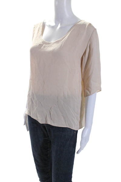 Jenni Kayne Womens Short Sleeve Scoop Neck Silk Blouse Top Beige Size Small