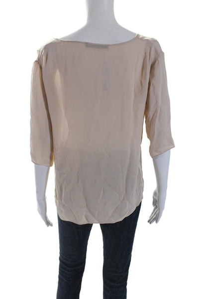 Jenni Kayne Womens Short Sleeve Scoop Neck Silk Blouse Top Beige Size Small