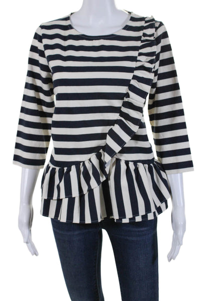 J Crew Women's Round Neck Short Sleeves Ruffle Peplum Blouse Striped Size M