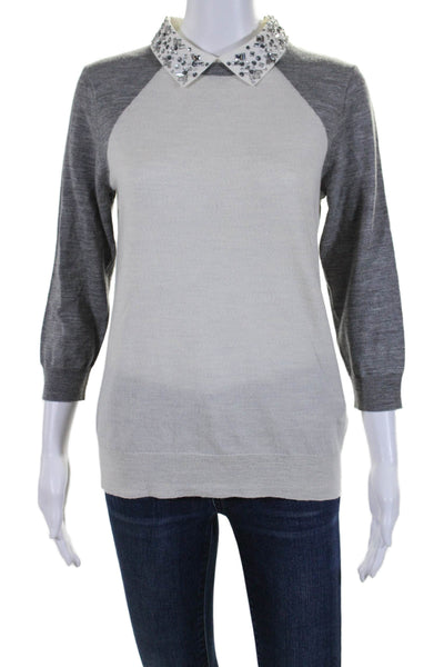 J Crew Women's Embellish Collared Long Sleeves Color Block Sweater Size S