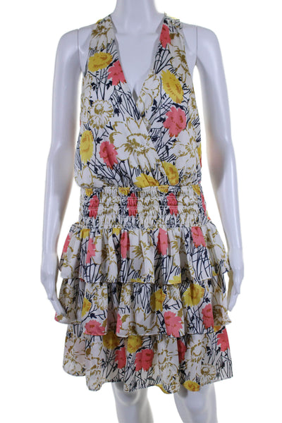 BCBGMAXAZRIA Womens V Neck Floral Smocked Ruffle Dress Multicolor Size M