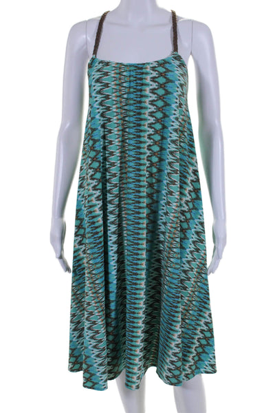 BCBGMAXAZRIA Womens Scoop Neck Braided Ikat Print A Line Dress Blue Size M