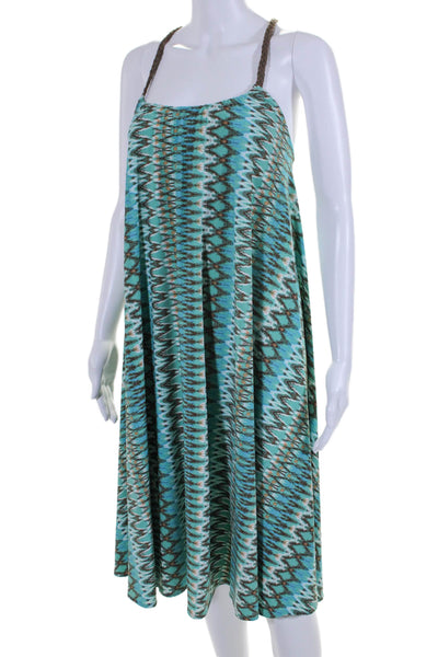 BCBGMAXAZRIA Womens Scoop Neck Braided Ikat Print A Line Dress Blue Size M