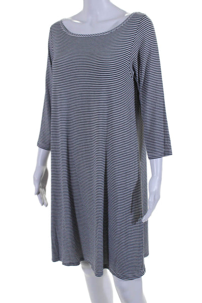 Yala Womens 3/4 Sleeve Scoop Neck Striped Shirt Dress White Black Size Large