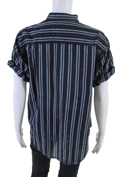 Xirena Womens Cotton Striped Print Short Sleeve Buttoned-Up Top Blue Size XS