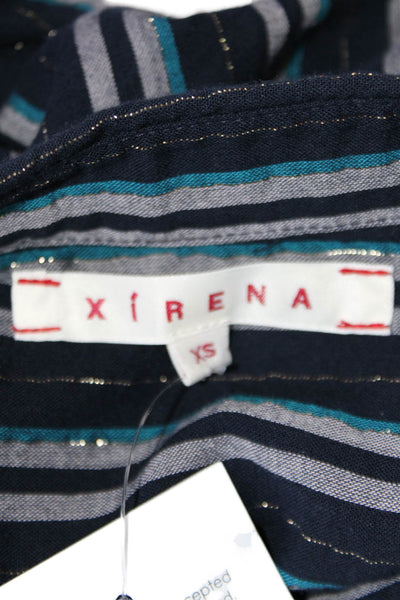 Xirena Womens Cotton Striped Print Short Sleeve Buttoned-Up Top Blue Size XS