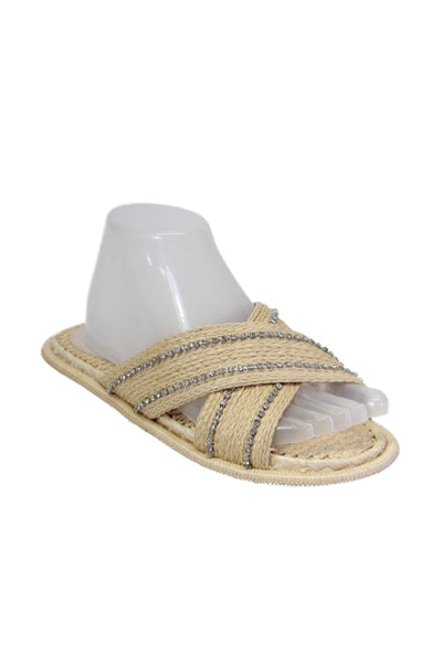 Schutz Womens Espadrille Jeweled Cross Strapped Slip-On Sandals Beige Size 7