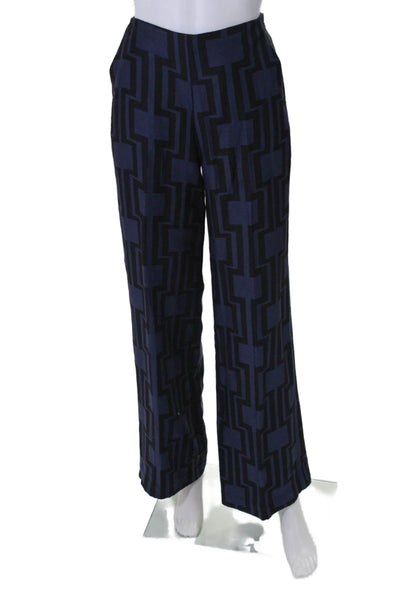 Trina Turk Womens Geometric Mid-Rise Zip Up Wide Leg Pants Trousers Navy Size 4