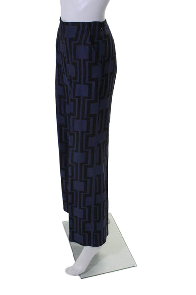 Trina Turk Womens Geometric Mid-Rise Zip Up Wide Leg Pants Trousers Navy Size 4