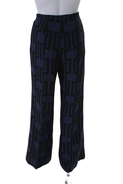 Trina Turk Womens Geometric Mid-Rise Zip Up Wide Leg Pants Trousers Navy Size 4