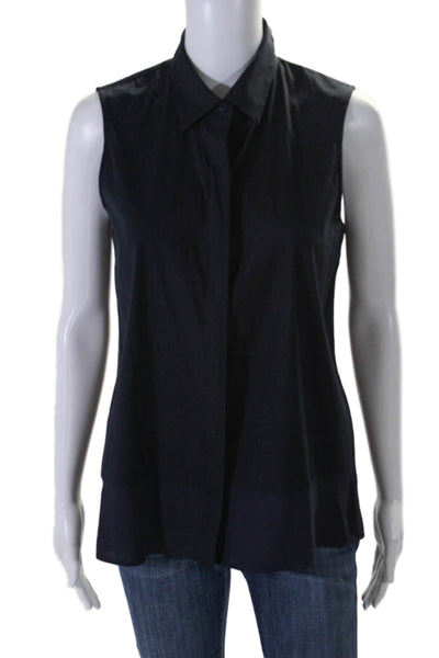 Theory Womens Cotton Blend Collared Sleeveless Button Up Blouse Top Navy Size S