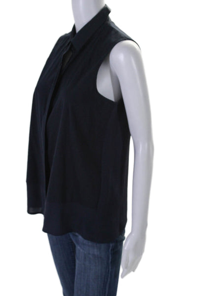 Theory Womens Cotton Blend Collared Sleeveless Button Up Blouse Top Navy Size S