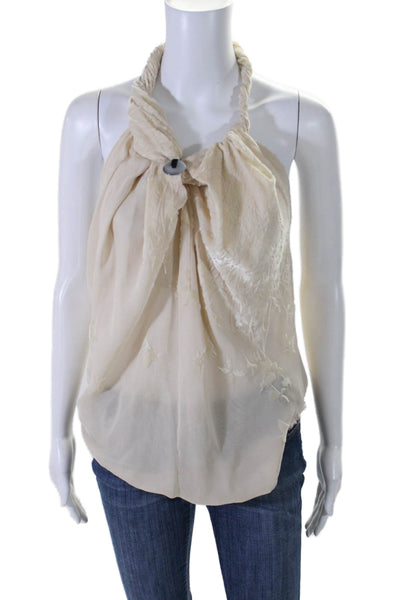 David Szeto Womens Floral Sleeveless Tie Closure Blouse Top Beige Sized 36