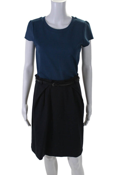 Theory Womens Side Zip Short Sleeve Belted Shift Dress Blue Black Size 10