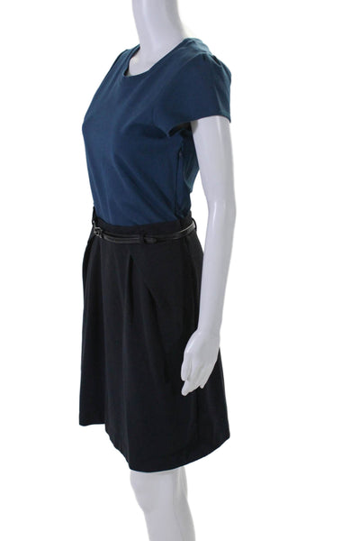 Theory Womens Side Zip Short Sleeve Belted Shift Dress Blue Black Size 10