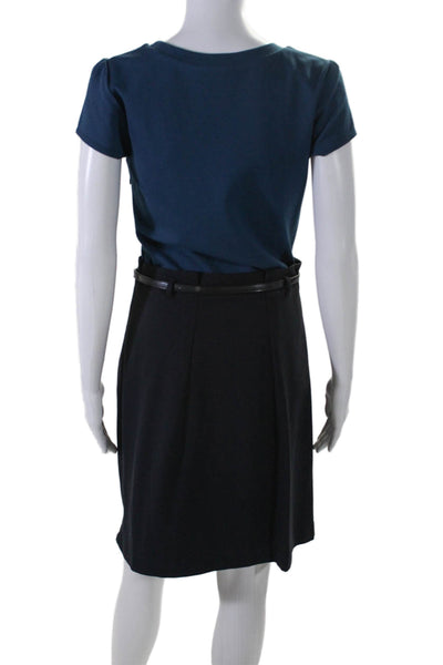 Theory Womens Side Zip Short Sleeve Belted Shift Dress Blue Black Size 10