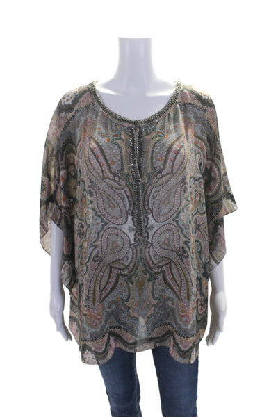 Calypso Saint Barth Womens Silk Beaded Paisley Print V Neck Blouse Multi Size L