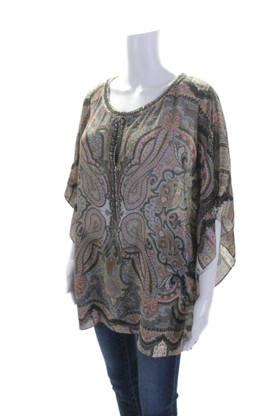 Calypso Saint Barth Womens Silk Beaded Paisley Print V Neck Blouse Multi Size L