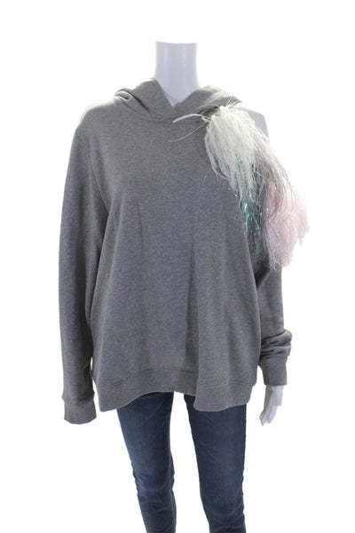 Christopher Kane Womens Cotton Hooded Ostrich Feather Trim Hoodie Gray Size L