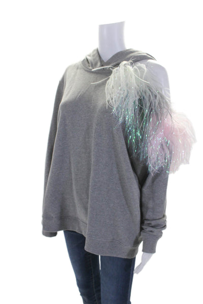 Christopher Kane Womens Cotton Hooded Ostrich Feather Trim Hoodie Gray Size L