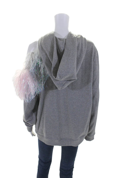 Christopher Kane Womens Cotton Hooded Ostrich Feather Trim Hoodie Gray Size L