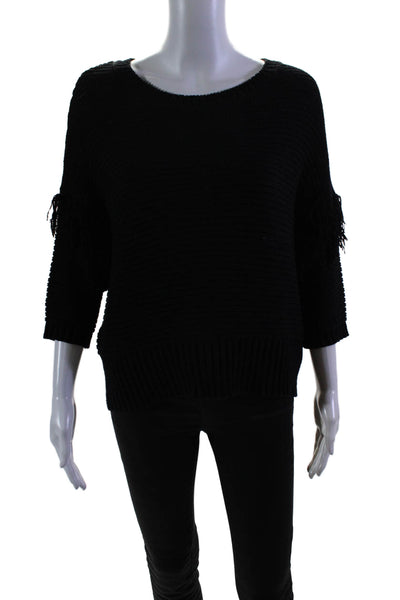 Rebecca Minkoff Womens Cotton Long Sleeve Fringe Trim Knit Top Black Size S