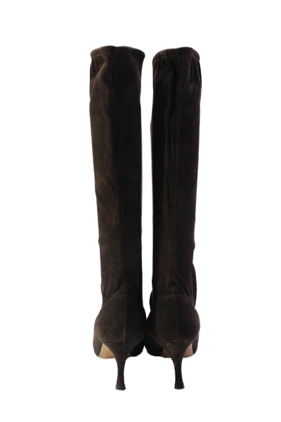 Manolo Blahnik Womens Dark Brown Suede Pointed Toe Knee High Boots Shoes Size 8