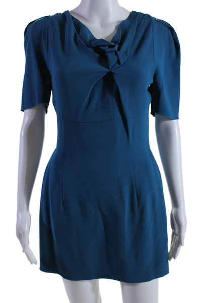 RM Womes Wrinkled Neck Short Sleeves Mini Sheath Dress Teal Blue Size 8