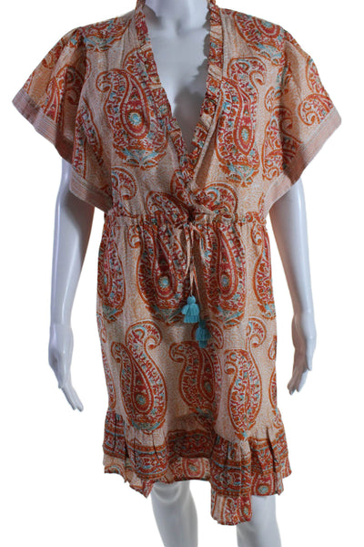 La Plage Womens Paisley Print V Neck Dress Orange Blue Cotton Size Large