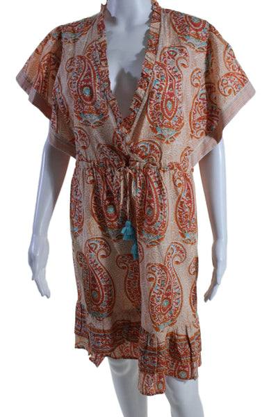 La Plage Womens Paisley Print V Neck Dress Orange Blue Cotton Size Large