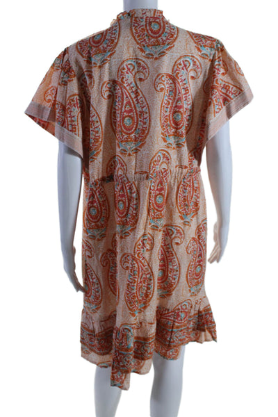 La Plage Womens Paisley Print V Neck Dress Orange Blue Cotton Size Large