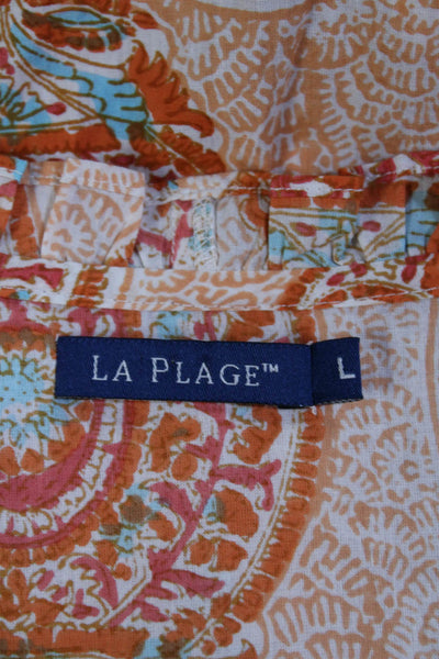 La Plage Womens Paisley Print V Neck Dress Orange Blue Cotton Size Large