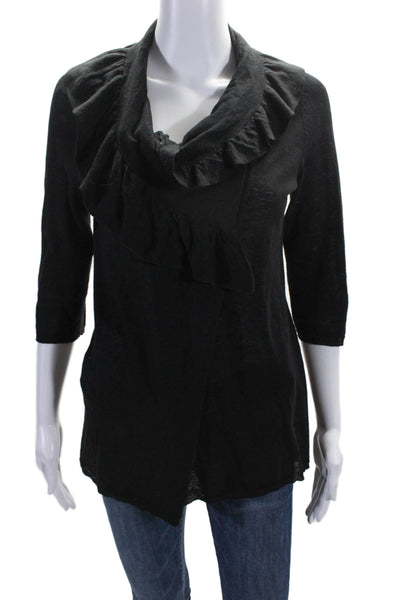 Moth Womens Linen Long Sleeve V Neck Ruffle Blouse Black Size M