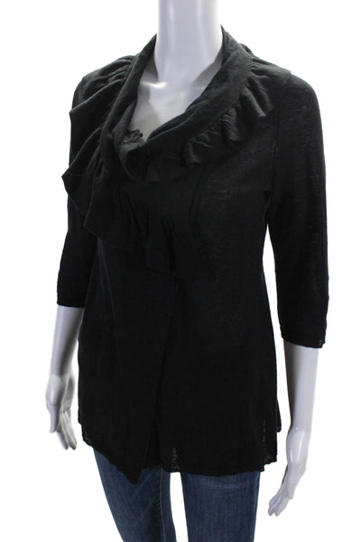 Moth Womens Linen Long Sleeve V Neck Ruffle Blouse Black Size M