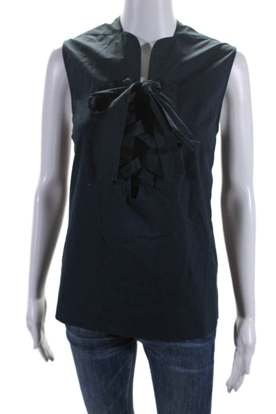 Derek Lam Women's Sleeveless Lace Up Slit Hem Blouse Navy Blue Size 8