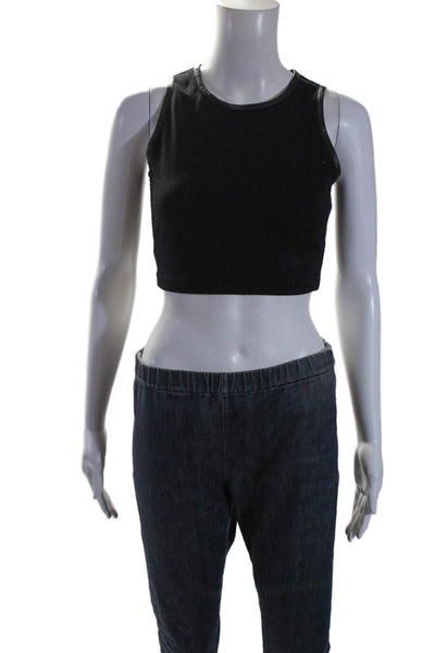 Twenty Womens Navy Blue Textured Zip Back Crew Neck Sleeveless Crop Top Size S