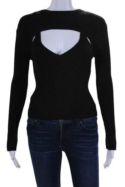 Wayf Womens Ribbed Textured V-Neck Long Sleeve 2-Piece Blouse Top Black Size XS