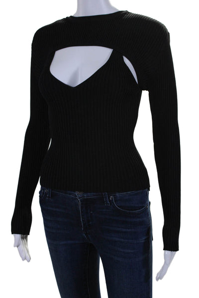 Wayf Womens Ribbed Textured V-Neck Long Sleeve 2-Piece Blouse Top Black Size XS